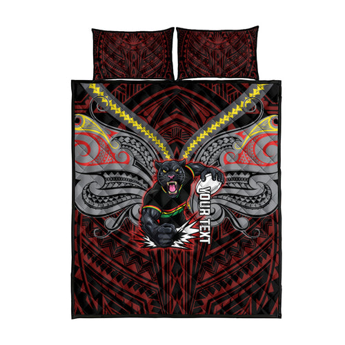 Custom Penrith Panthers Quilt Bed Set Black Panther Warrior Polynesia Islander Rugby Mascot