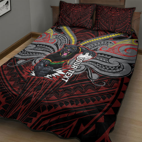 Custom Penrith Panthers Quilt Bed Set Black Panther Warrior Polynesia Islander Rugby Mascot