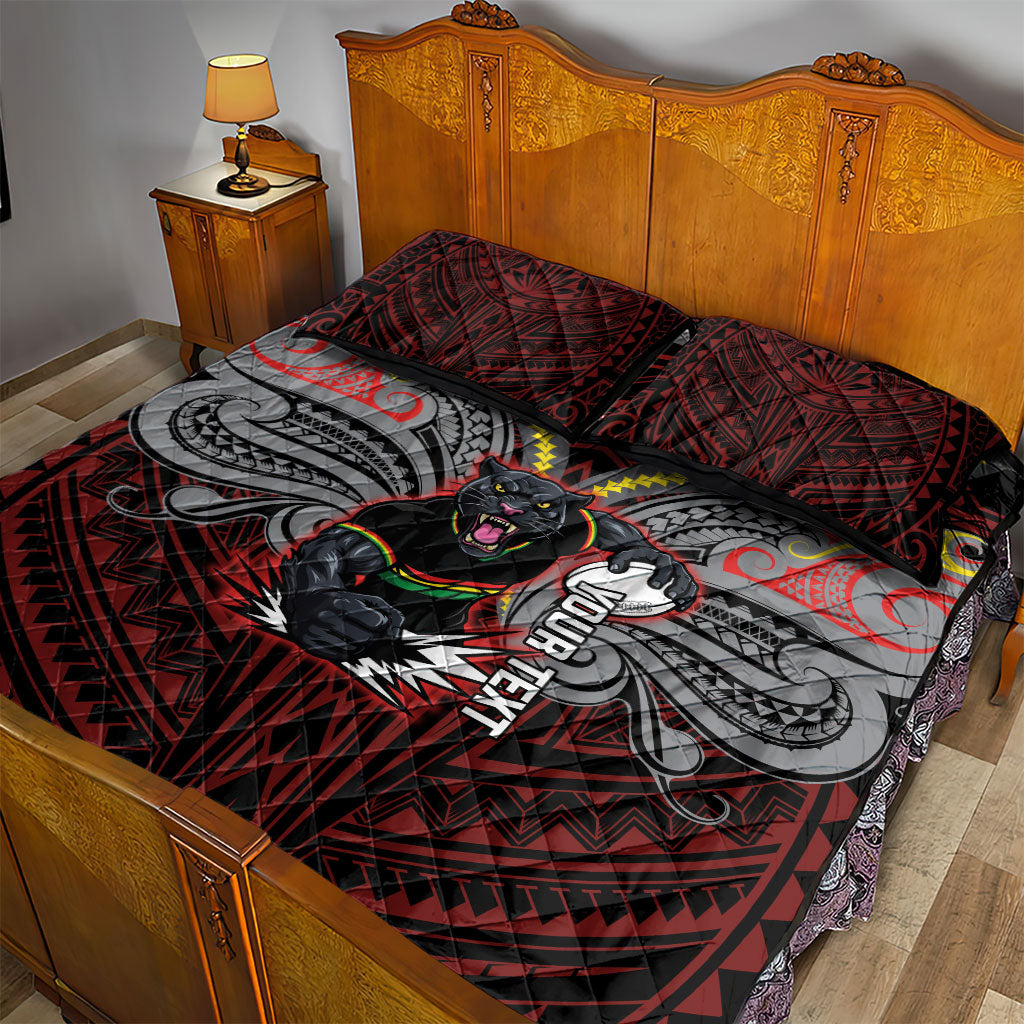 Custom Penrith Panthers Quilt Bed Set Black Panther Warrior Polynesia Islander Rugby Mascot