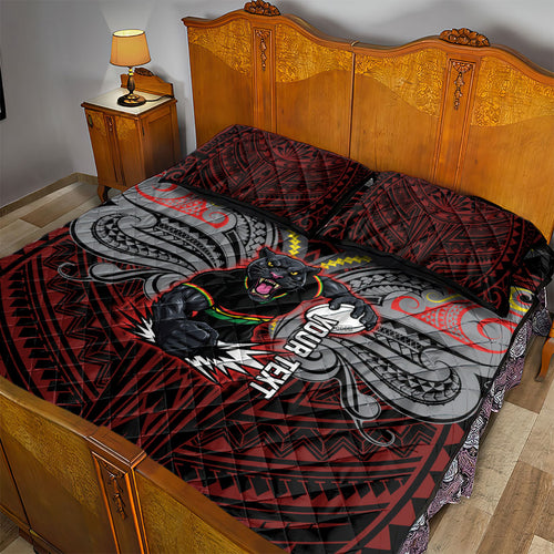 Custom Penrith Panthers Quilt Bed Set Black Panther Warrior Polynesia Islander Rugby Mascot
