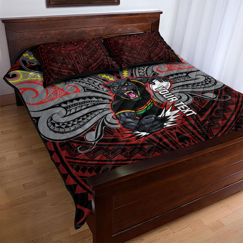 Custom Penrith Panthers Quilt Bed Set Black Panther Warrior Polynesia Islander Rugby Mascot