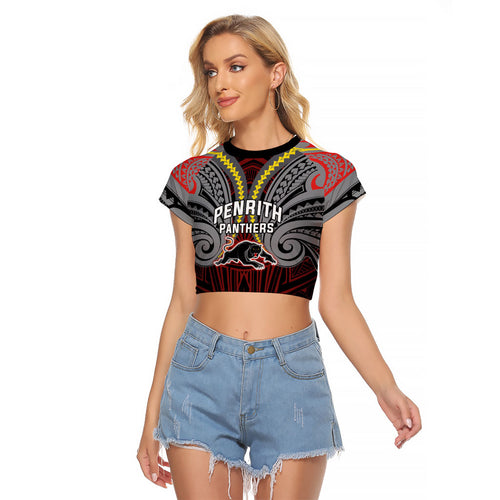 Custom Penrith Panthers Raglan Cropped T Shirt Black Panther Warrior Polynesia Islander Rugby Mascot