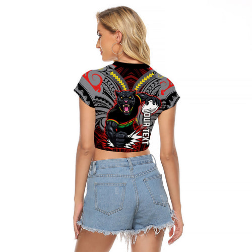 Custom Penrith Panthers Raglan Cropped T Shirt Black Panther Warrior Polynesia Islander Rugby Mascot