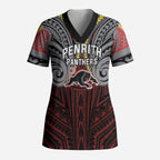 Custom Penrith Panthers Scrub Top Black Panther Warrior Polynesia Islander Rugby Mascot