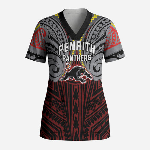 Custom Penrith Panthers Scrub Top Black Panther Warrior Polynesia Islander Rugby Mascot