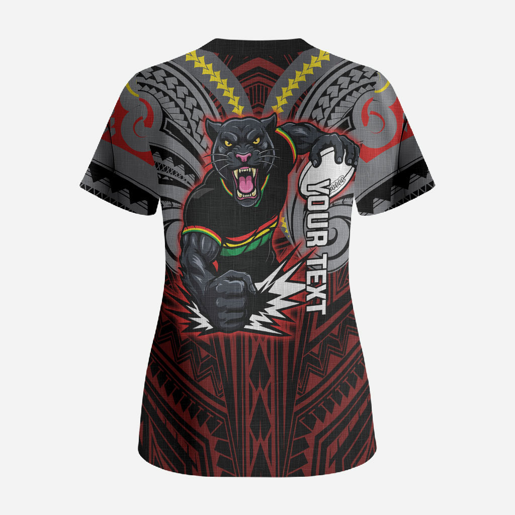 Custom Penrith Panthers Scrub Top Black Panther Warrior Polynesia Islander Rugby Mascot
