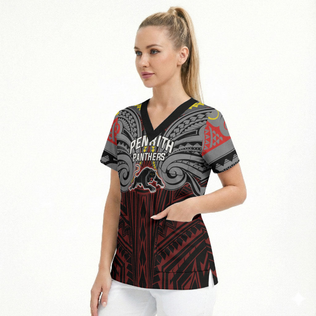 Custom Penrith Panthers Scrub Top Black Panther Warrior Polynesia Islander Rugby Mascot