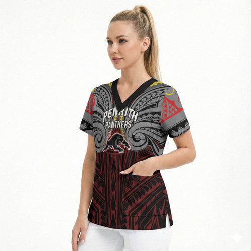 Custom Penrith Panthers Scrub Top Black Panther Warrior Polynesia Islander Rugby Mascot