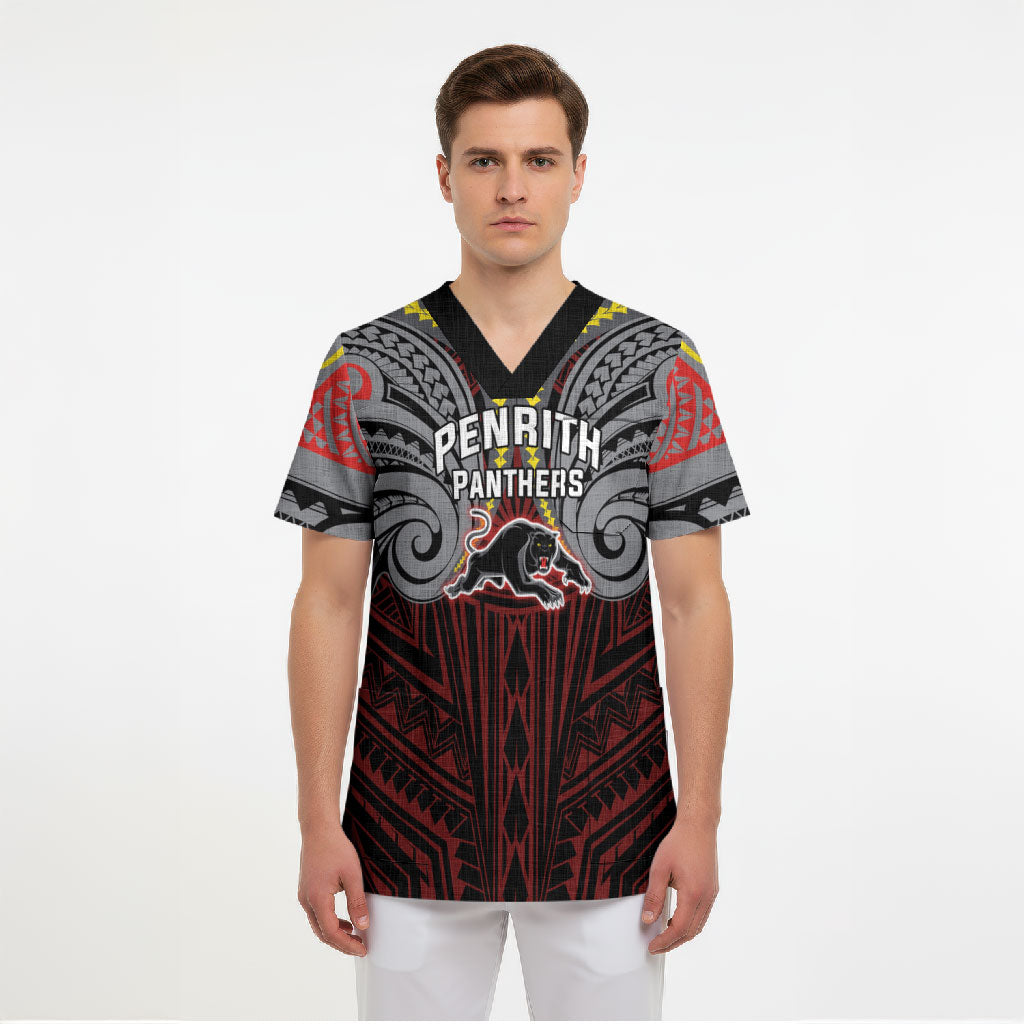 Custom Penrith Panthers Scrub Top Black Panther Warrior Polynesia Islander Rugby Mascot