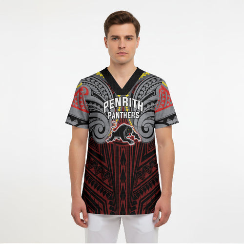 Custom Penrith Panthers Scrub Top Black Panther Warrior Polynesia Islander Rugby Mascot