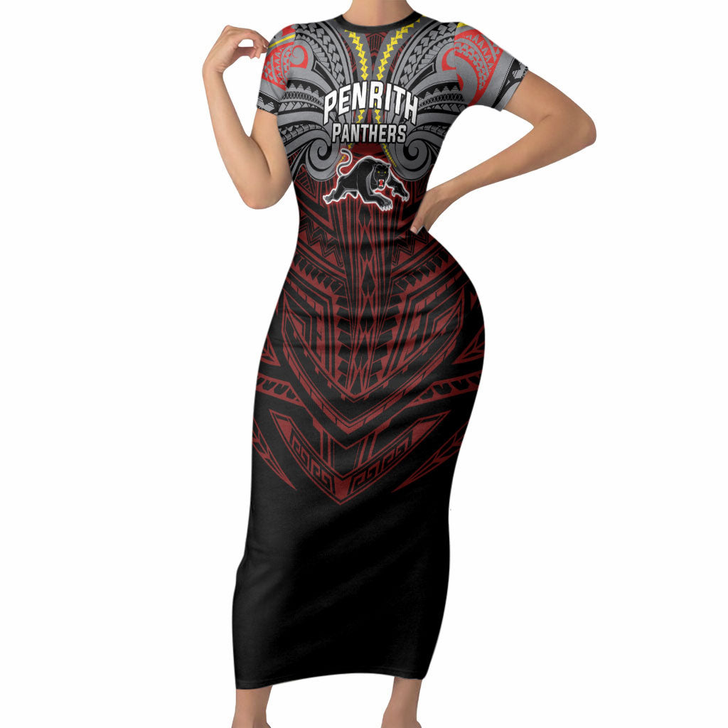 Custom Penrith Panthers Short Sleeve Bodycon Dress Black Panther Warrior Polynesia Islander Rugby Mascot