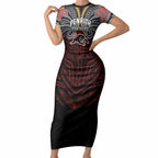 Custom Penrith Panthers Short Sleeve Bodycon Dress Black Panther Warrior Polynesia Islander Rugby Mascot