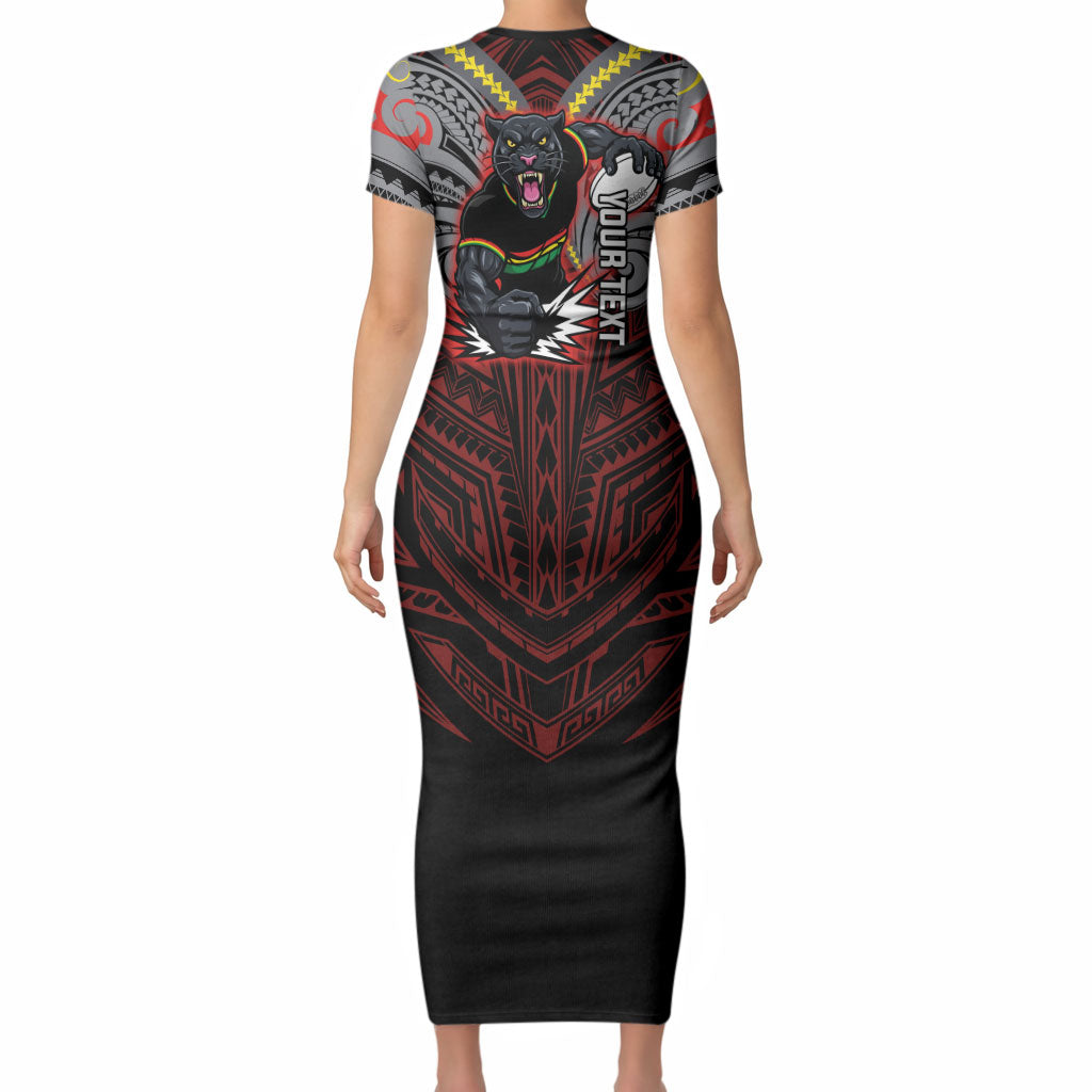 Custom Penrith Panthers Short Sleeve Bodycon Dress Black Panther Warrior Polynesia Islander Rugby Mascot