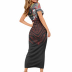 Custom Penrith Panthers Short Sleeve Bodycon Dress Black Panther Warrior Polynesia Islander Rugby Mascot