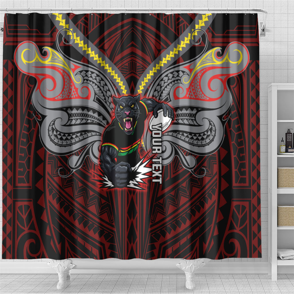 Custom Penrith Panthers Shower Curtain Black Panther Warrior Polynesia Islander Rugby Mascot