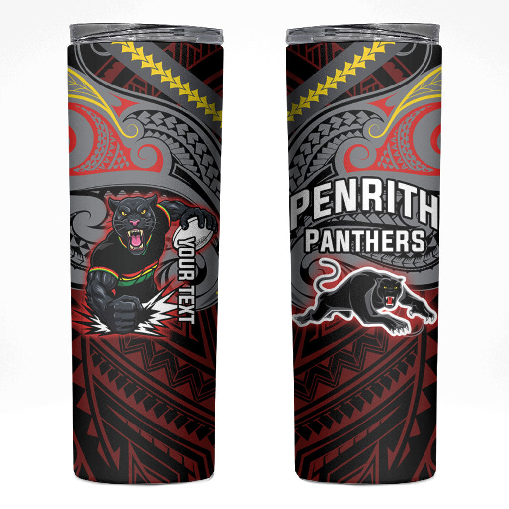 Custom Penrith Panthers Skinny Tumbler Black Panther Warrior Polynesia Islander Rugby Mascot