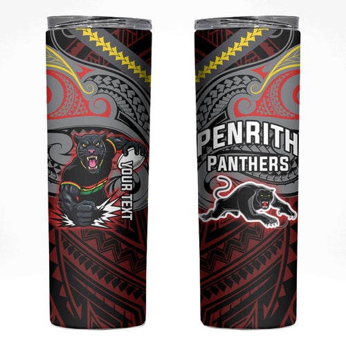 Custom Penrith Panthers Skinny Tumbler Black Panther Warrior Polynesia Islander Rugby Mascot