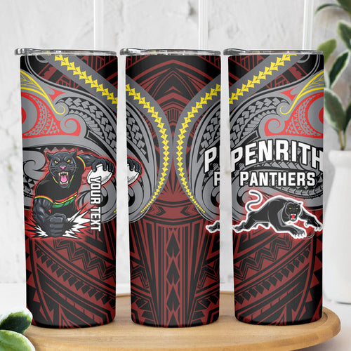 Custom Penrith Panthers Skinny Tumbler Black Panther Warrior Polynesia Islander Rugby Mascot