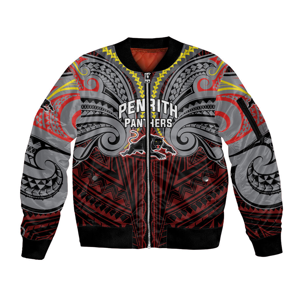 Custom Penrith Panthers Sleeve Zip Bomber Jacket Black Panther Warrior Polynesia Islander Rugby Mascot