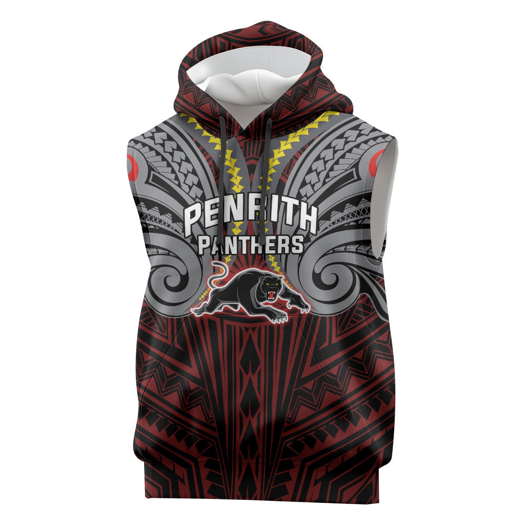 Custom Penrith Panthers Sleeveless Hoodie Black Panther Warrior Polynesia Islander Rugby Mascot