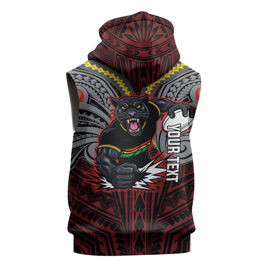 Custom Penrith Panthers Sleeveless Hoodie Black Panther Warrior Polynesia Islander Rugby Mascot