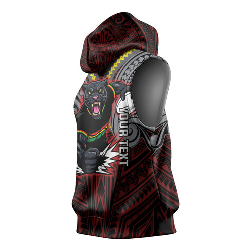Custom Penrith Panthers Sleeveless Hoodie Black Panther Warrior Polynesia Islander Rugby Mascot