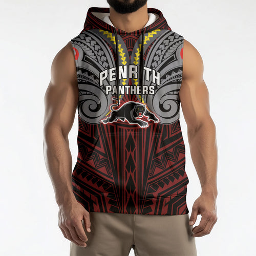 Custom Penrith Panthers Sleeveless Hoodie Black Panther Warrior Polynesia Islander Rugby Mascot