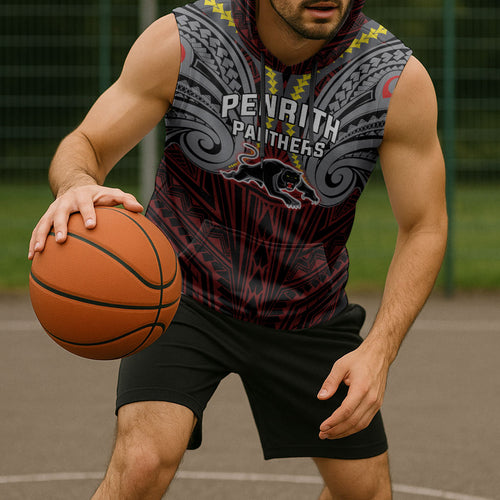 Custom Penrith Panthers Sleeveless Hoodie Black Panther Warrior Polynesia Islander Rugby Mascot
