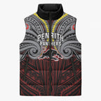 Custom Penrith Panthers Sleeveless Puffer Jacket Black Panther Warrior Polynesia Islander Rugby Mascot