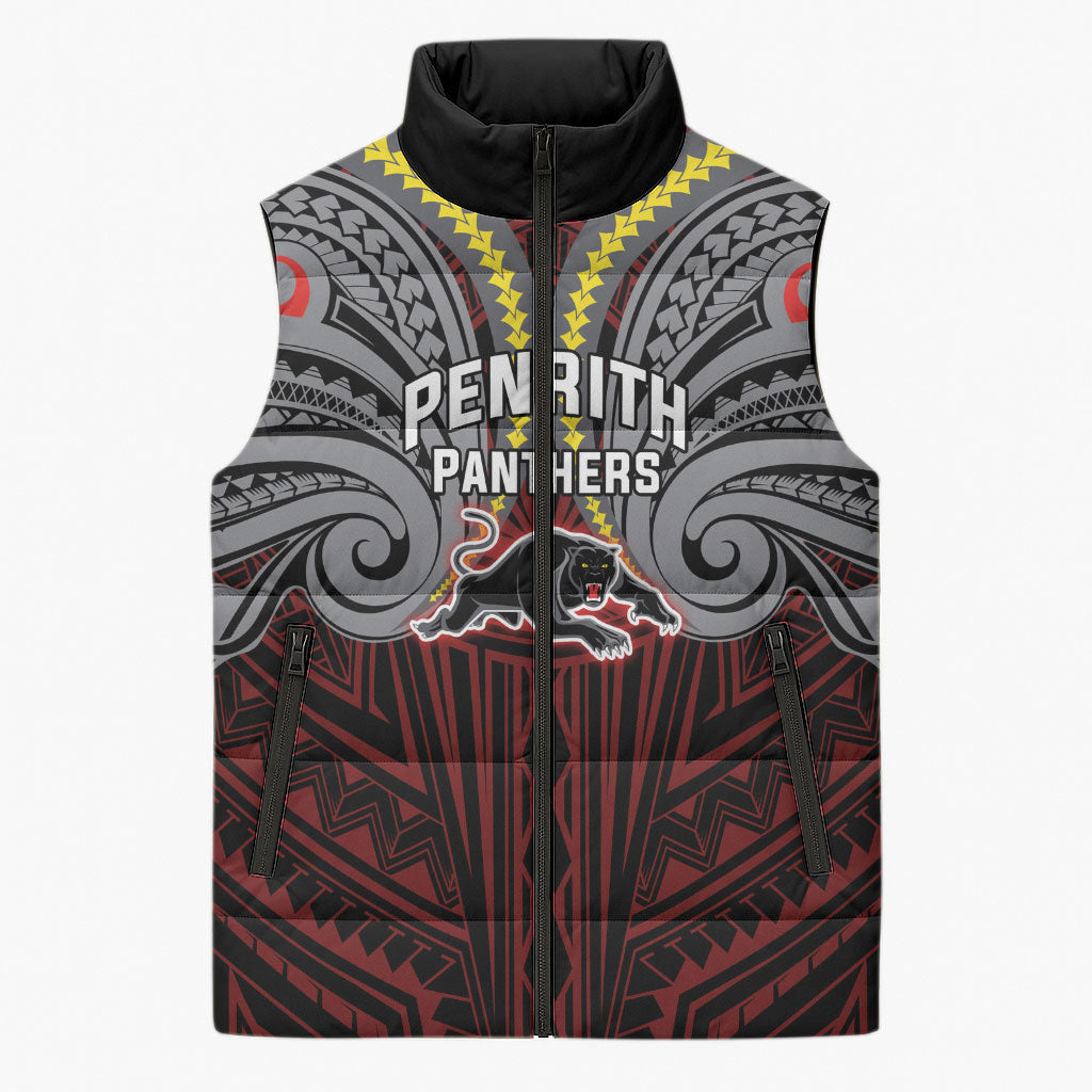 Custom Penrith Panthers Sleeveless Puffer Jacket Black Panther Warrior Polynesia Islander Rugby Mascot