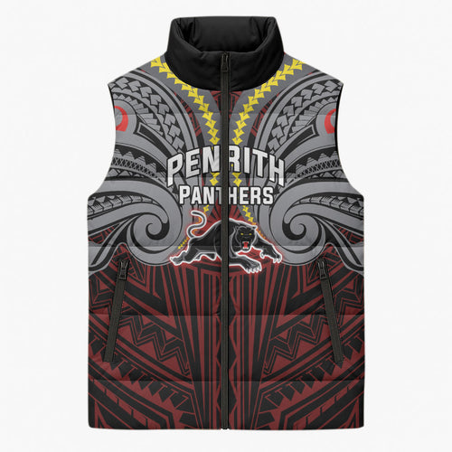Custom Penrith Panthers Sleeveless Puffer Jacket Black Panther Warrior Polynesia Islander Rugby Mascot