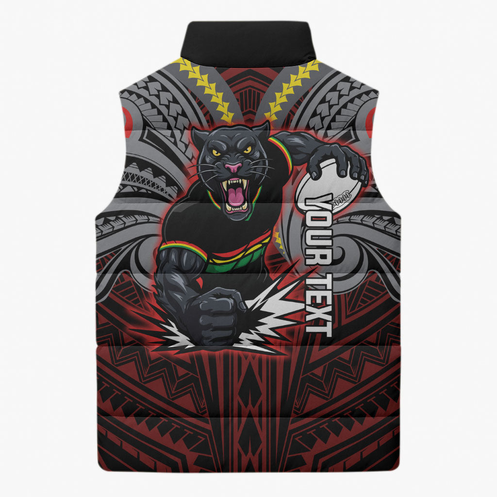 Custom Penrith Panthers Sleeveless Puffer Jacket Black Panther Warrior Polynesia Islander Rugby Mascot