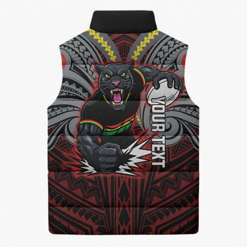 Custom Penrith Panthers Sleeveless Puffer Jacket Black Panther Warrior Polynesia Islander Rugby Mascot