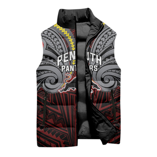 Custom Penrith Panthers Sleeveless Puffer Jacket Black Panther Warrior Polynesia Islander Rugby Mascot