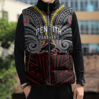 Custom Penrith Panthers Sleeveless Puffer Jacket Black Panther Warrior Polynesia Islander Rugby Mascot