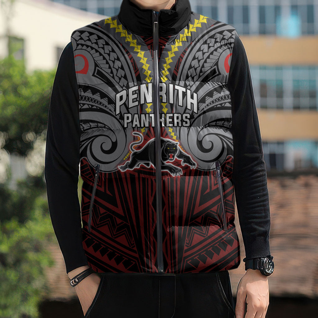 Custom Penrith Panthers Sleeveless Puffer Jacket Black Panther Warrior Polynesia Islander Rugby Mascot