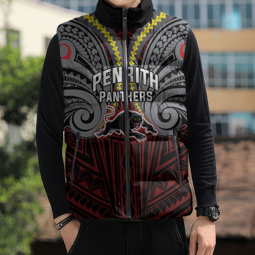 Custom Penrith Panthers Sleeveless Puffer Jacket Black Panther Warrior Polynesia Islander Rugby Mascot