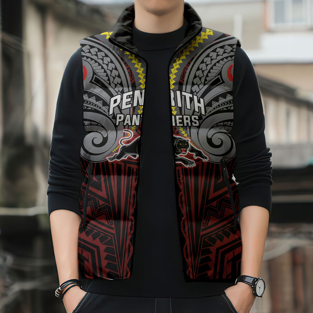 Custom Penrith Panthers Sleeveless Puffer Jacket Black Panther Warrior Polynesia Islander Rugby Mascot