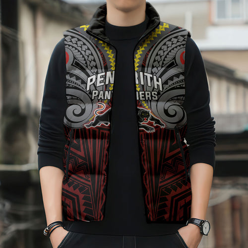Custom Penrith Panthers Sleeveless Puffer Jacket Black Panther Warrior Polynesia Islander Rugby Mascot