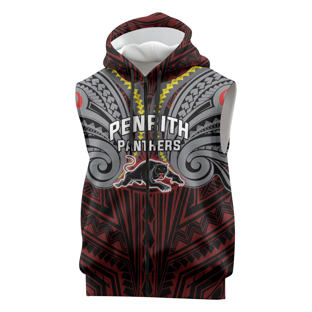 Custom Penrith Panthers Sleeveless Zip Hoodie Black Panther Warrior Polynesia Islander Rugby Mascot