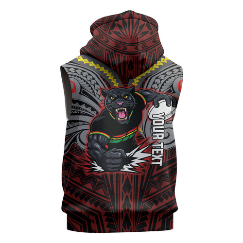 Custom Penrith Panthers Sleeveless Zip Hoodie Black Panther Warrior Polynesia Islander Rugby Mascot