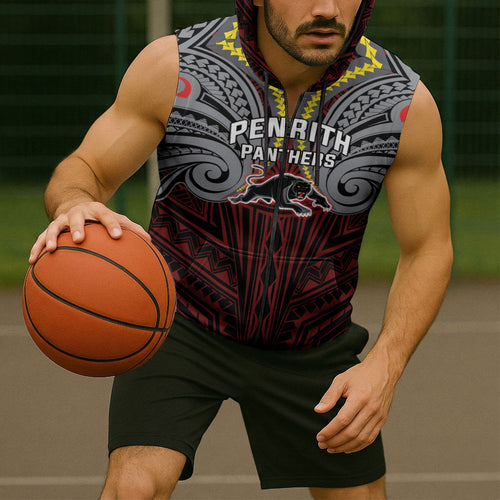 Custom Penrith Panthers Sleeveless Zip Hoodie Black Panther Warrior Polynesia Islander Rugby Mascot