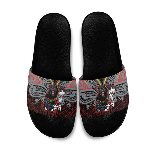 Custom Penrith Panthers Slide Sandals Black Panther Warrior Polynesia Islander Rugby Mascot
