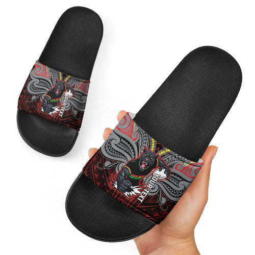 Custom Penrith Panthers Slide Sandals Black Panther Warrior Polynesia Islander Rugby Mascot