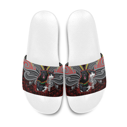 Custom Penrith Panthers Slide Sandals Black Panther Warrior Polynesia Islander Rugby Mascot