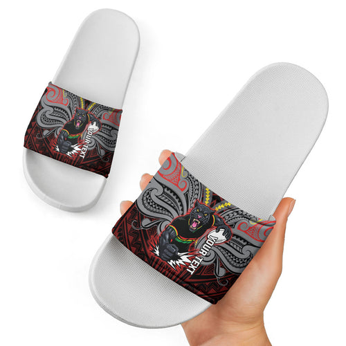 Custom Penrith Panthers Slide Sandals Black Panther Warrior Polynesia Islander Rugby Mascot