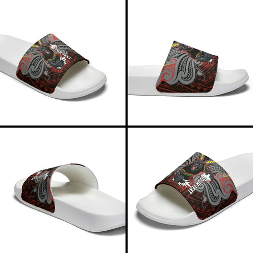 Custom Penrith Panthers Slide Sandals Black Panther Warrior Polynesia Islander Rugby Mascot