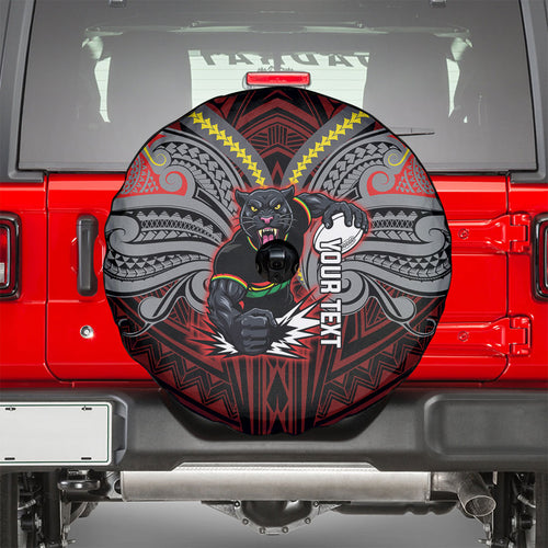 Custom Penrith Panthers Spare Tire Cover Black Panther Warrior Polynesia Islander Rugby Mascot