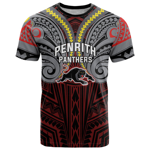 Custom Penrith Panthers T Shirt Black Panther Warrior Polynesia Islander Rugby Mascot