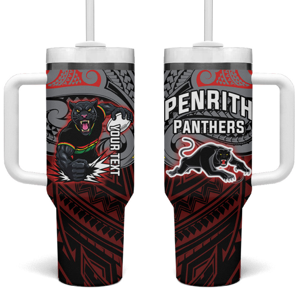 Custom Penrith Panthers Tumbler With Handle Black Panther Warrior Polynesia Islander Rugby Mascot